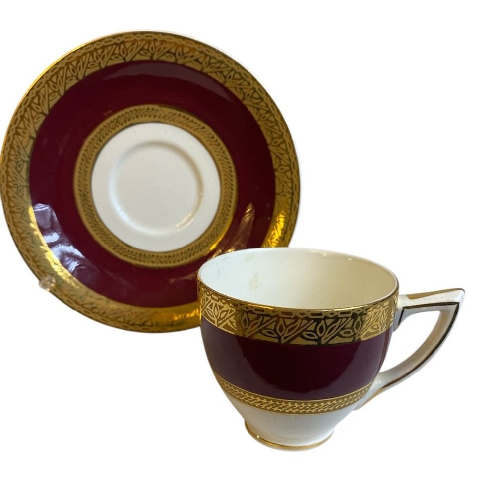 Vtg 1930s Demitasse Cup & Saucer Crown Ducal Gilt Burgundy Stripe ENGLAND Bone